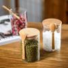 Transparent Glass Spice Jars with Wood Lids and Spoons for Coffee Beans