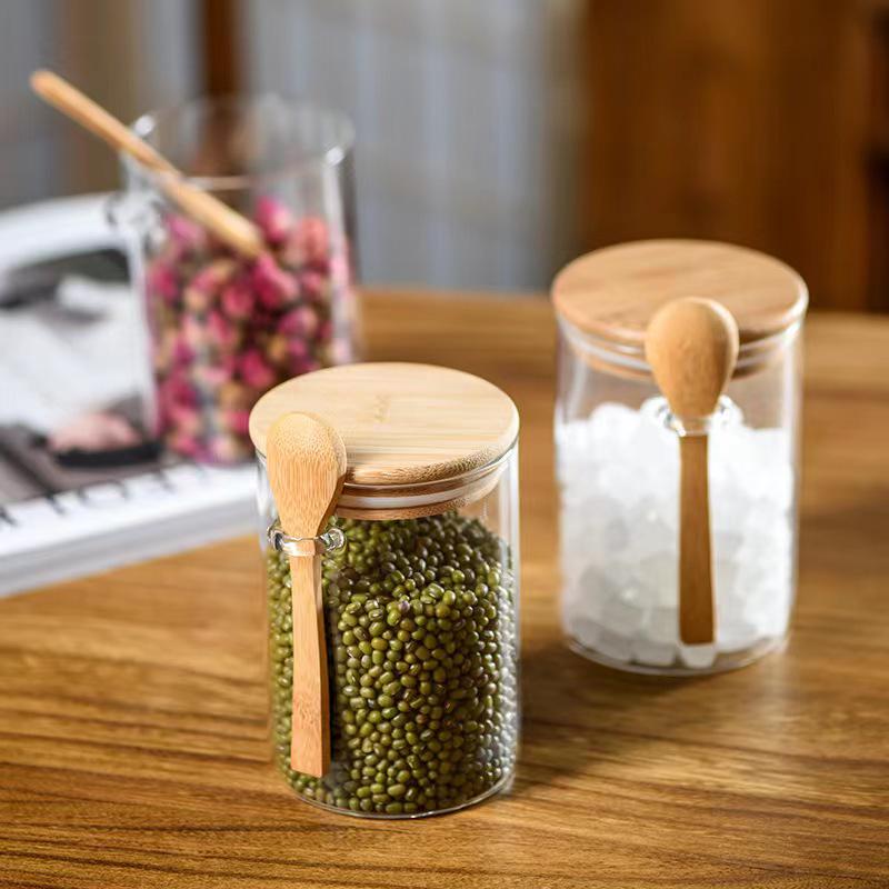 Transparent Glass Spice Jars with Wood Lids and Spoons for Coffee Beans
