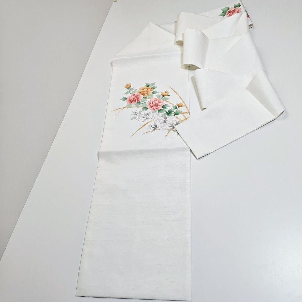 Used H-910 Nagoya obi Made in Nagoya, synthetic fiber, 9 dimensions, peony, chrysanthemum, flower pattern