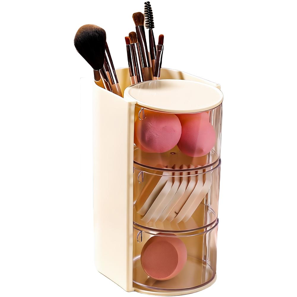 Transparent PET Rotating Makeup Organizer Box with 180 Degree Turn Cover for Brushes For Sponges and Beauty Tools