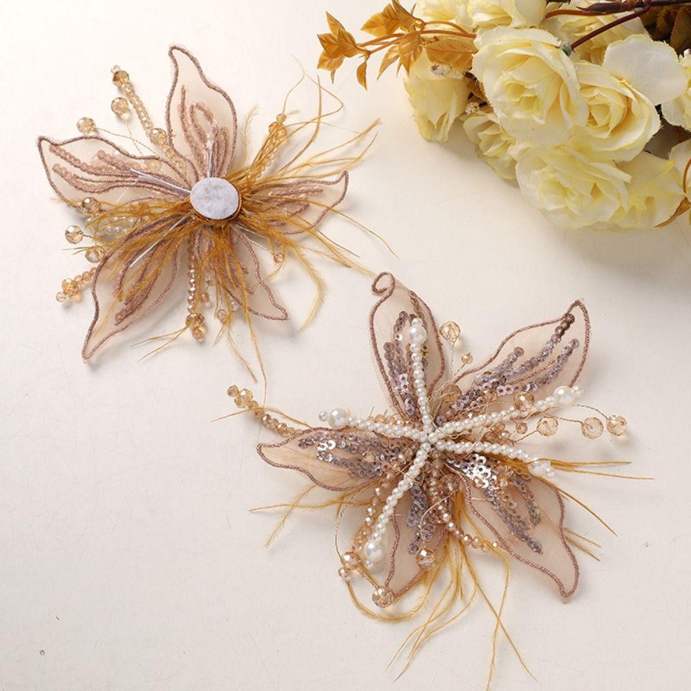 Feather Pearl 3D Organza Flower Patch Crystal Flower Lace Studded Patch Multi-layer Handmade Applique Decorative