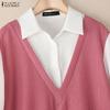 ZANZEA Women Turn Down Collar Long Sleeve Patchwork Casual Blouse