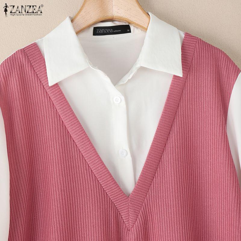 ZANZEA Women Turn Down Collar Long Sleeve Patchwork Casual Blouse