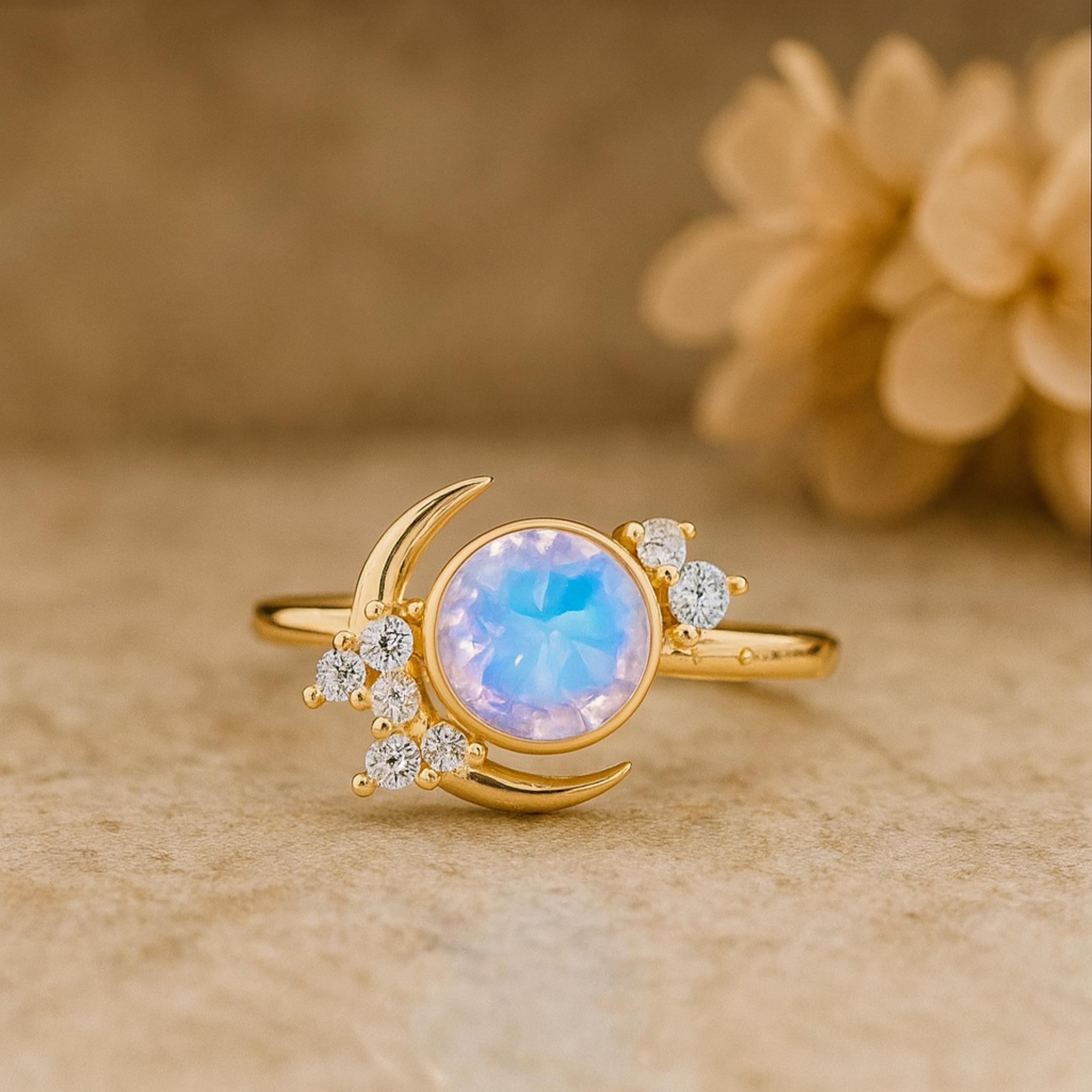 

Кольцо с лунным камнем и боковыми камнями из кубического циркония – Позолоченное серебро 925 пробы, кольцо в виде полумесяца, небесное кольцо - Ювелирное украшение в стиле ар-деко для невесты, подарок для нее K розовый