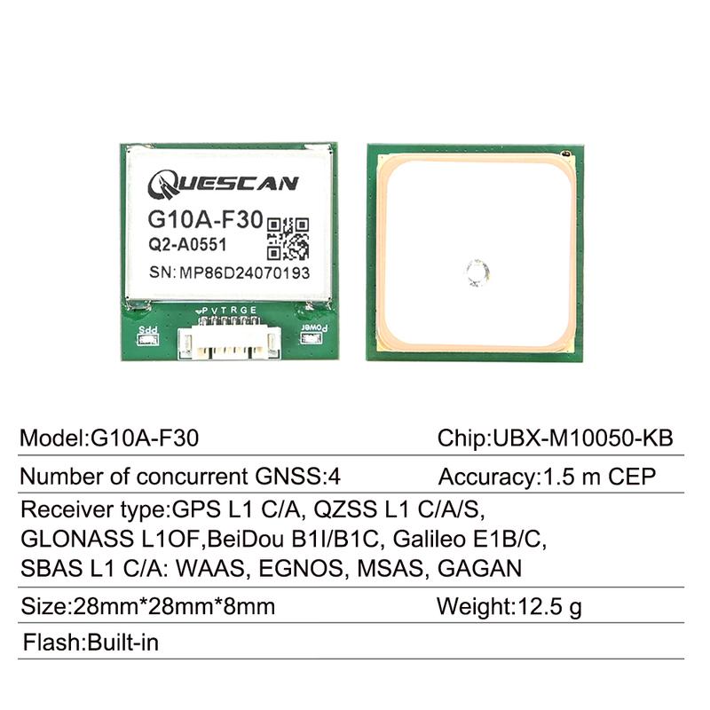 

Модуль GPS GNSS Quescan G10A-F30 M10 з UBX-M10050-KB, підтримка GPS+GLONASS+Galileo+Beidou, точність 1,5 м CEP