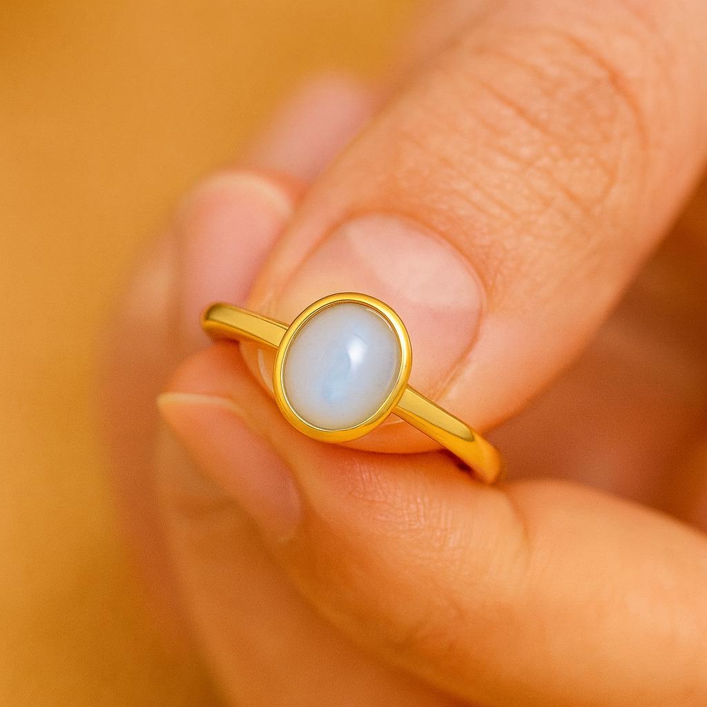 Oval Cut Moonstone Solitaire Ring – Yellow Gold Plated Bezel Setting, Engagement Wedding Jewelry Gift for Women
