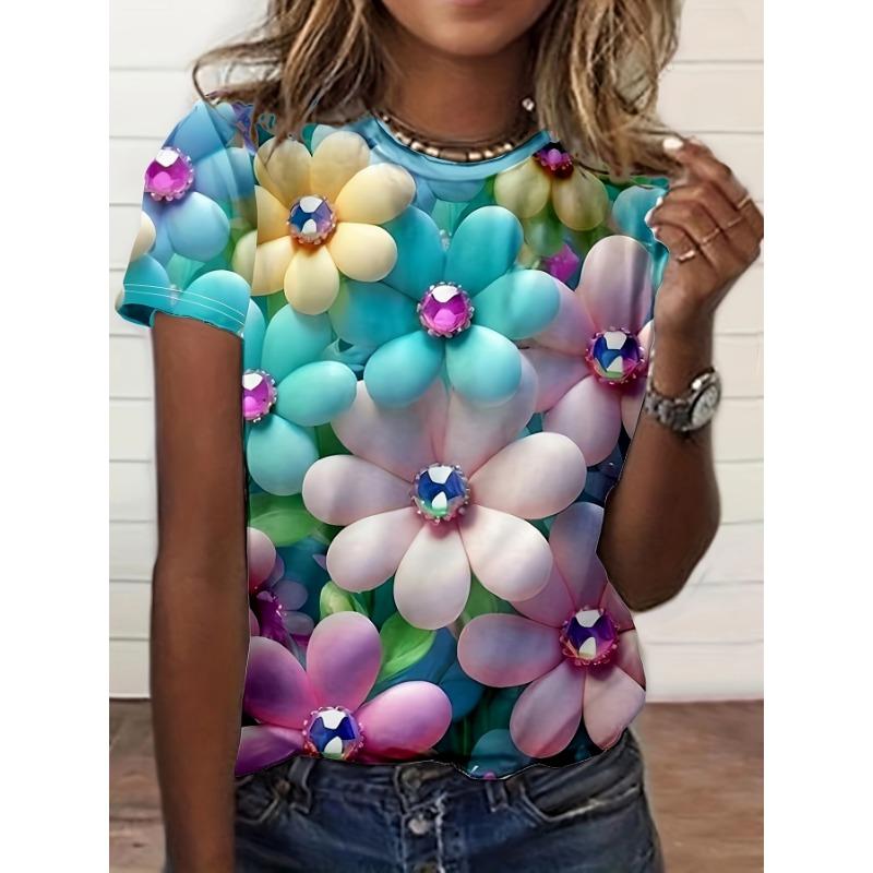 Women s T-shirt - Colorful jewelry flower pattern, suitable for casual daily wear 2XS