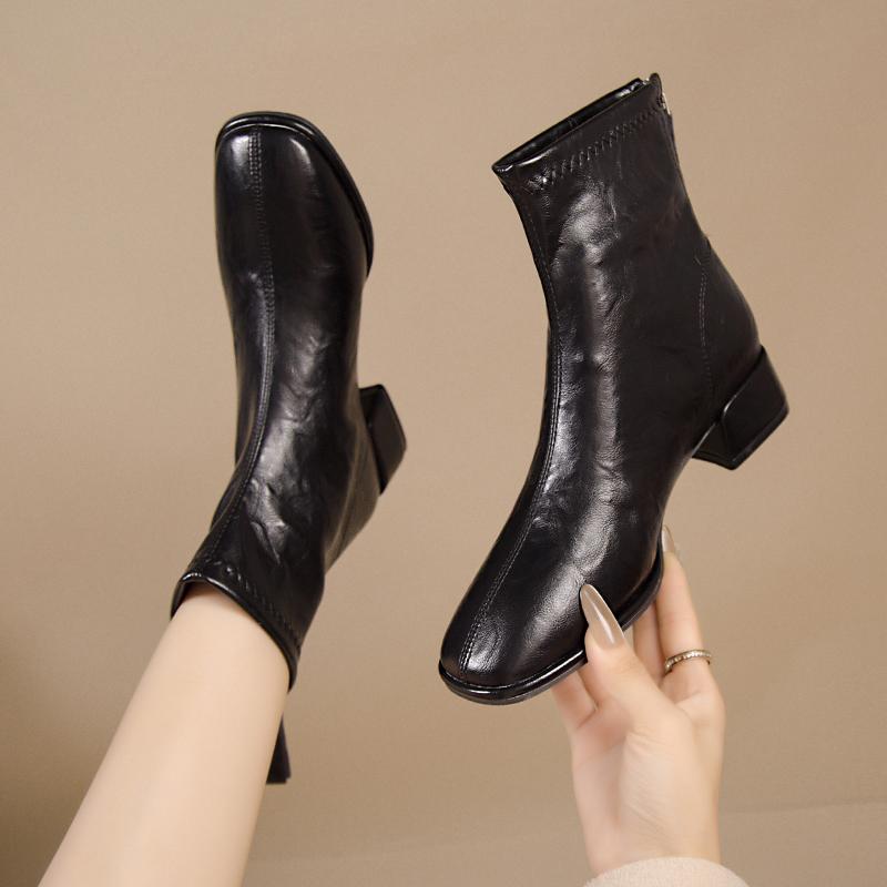 Elastic Socks Boots Women Ankle Boots Women Pumps Heel Thicks Heel Square Toe Short Boots Retro New Women Shoe Botas Mujer