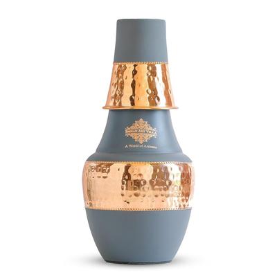Pure Copper Printed Drinkware with Ayurvedic Health Benefits, Inbuilt Glass, Bedroom Water Bottle for Storage Purpose  Set of 1