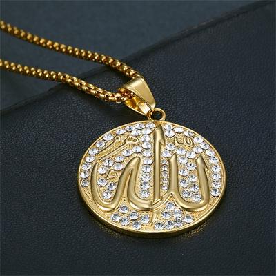 Religious Iced Out Islam Muslim Allah Pendant Male Gold Color Stainless Steel Round Necklace for Men Islamic Jewelry Gift 2025