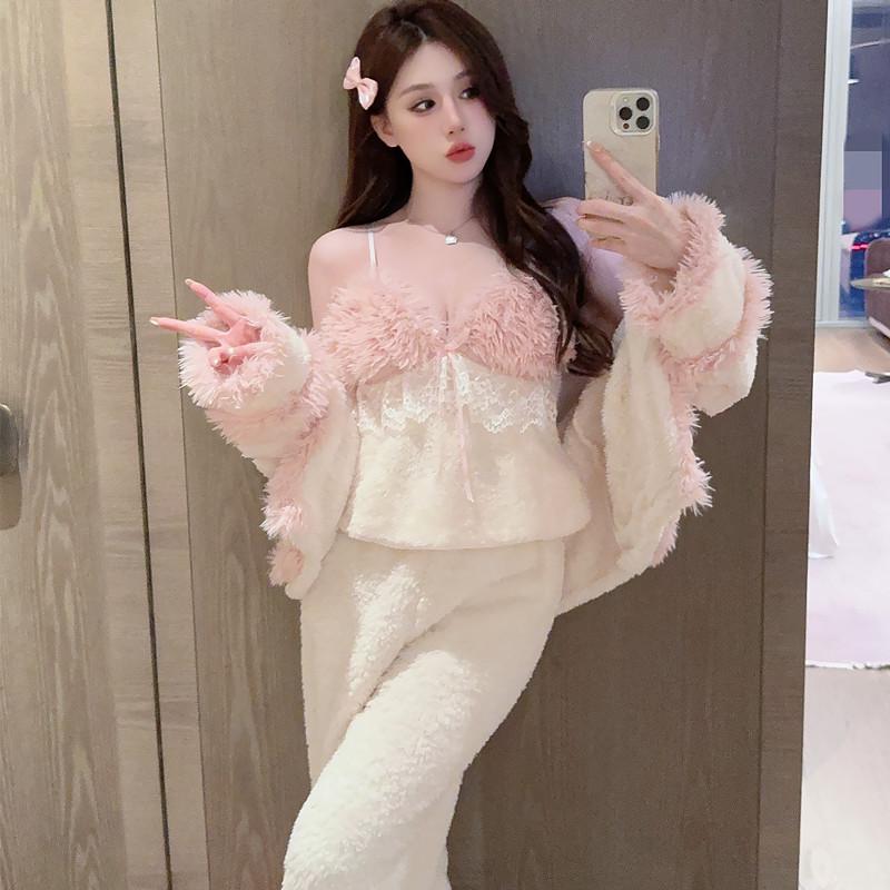 

«Милая ароматная плотная пижама в китайском стиле»: Комплект из трех предметов для девочек с подвязками для ношения в помещении и на улице. M