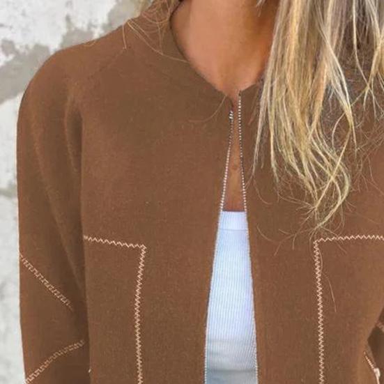 Fall Spring Women Jacket Round Neck Solid Color Long Sleeves Zip-up Baseball Coat Loose Cardigan Daily Wear Outdoor Vacation Shopping Coat