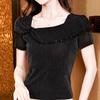 New Summer Korean Women Shiny Beading T-Shirt Clothes Chic Sexy Square Neck Ruffles Tops Short Sleeve All Match Tees Blouse