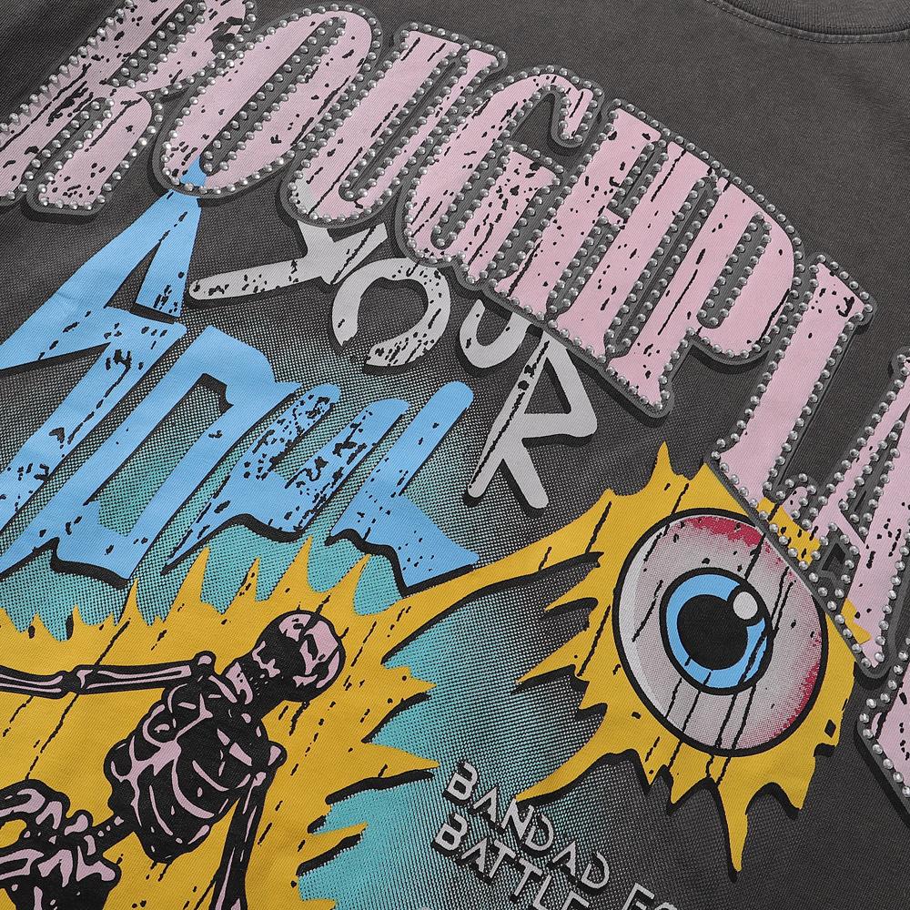 Luminous Skull Print Hot Stamping, Water Washing, Hole Breaking, Making Old Short Sleeved T-shirt for Men and Women