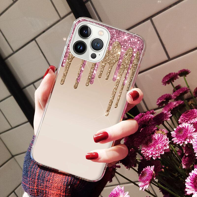 Handyhüllen für iPhone 14 12 11 13 Pro Max Hülle Silikon Funda für iPhone 13Mini X XS Max XR 8 7 14 Plus Tropfender Glitzer Pink