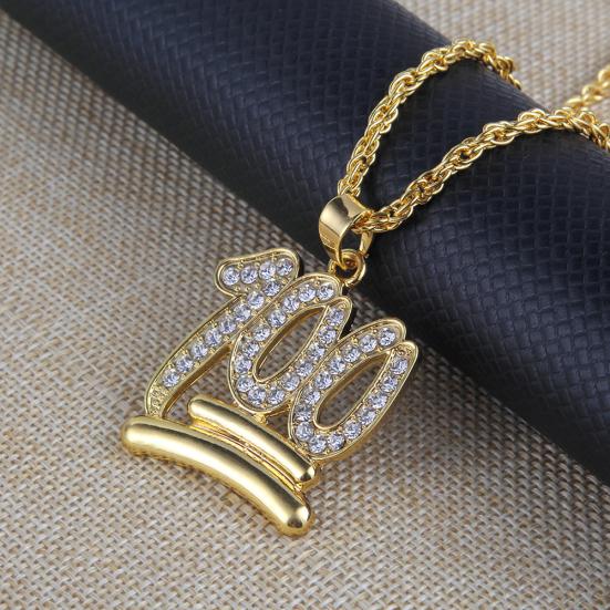 Men Hip Hop Twist Chain Rhinestone Number 100 Pendant Necklace Street Jewelry