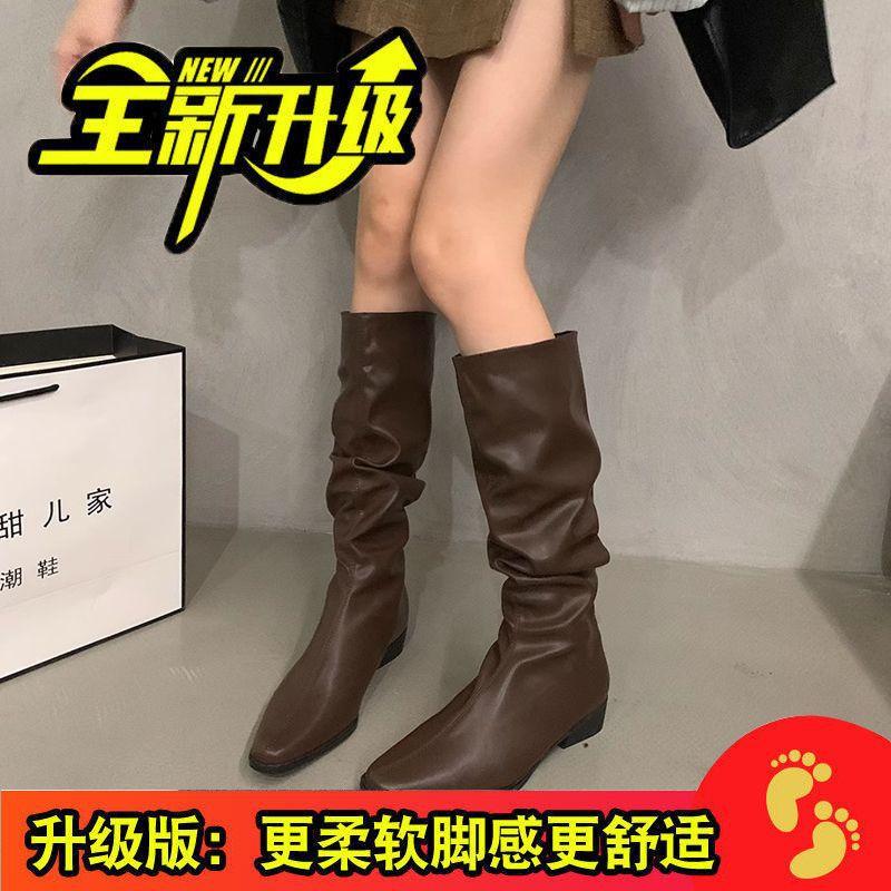 Thick heel pleated long tube knight boots women's shoes 2025 new spring and autumn western thin medium tube long boots