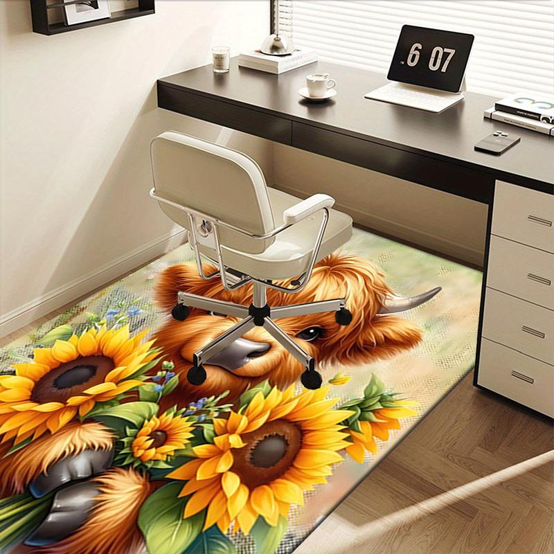 Highland Bull Theme Sunflower Chair Mat Office Carpet, Large Rug for Home Decor, Desk Pad Gift, Suitable for Bedroom, Living Room, Various Rooms