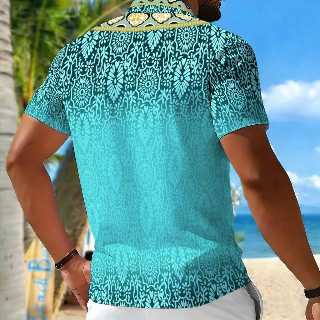 Women Short Sleeve Polo Shirt Dark Blue Teal Spiral Dot Circle Print Half Zip Lapel Top