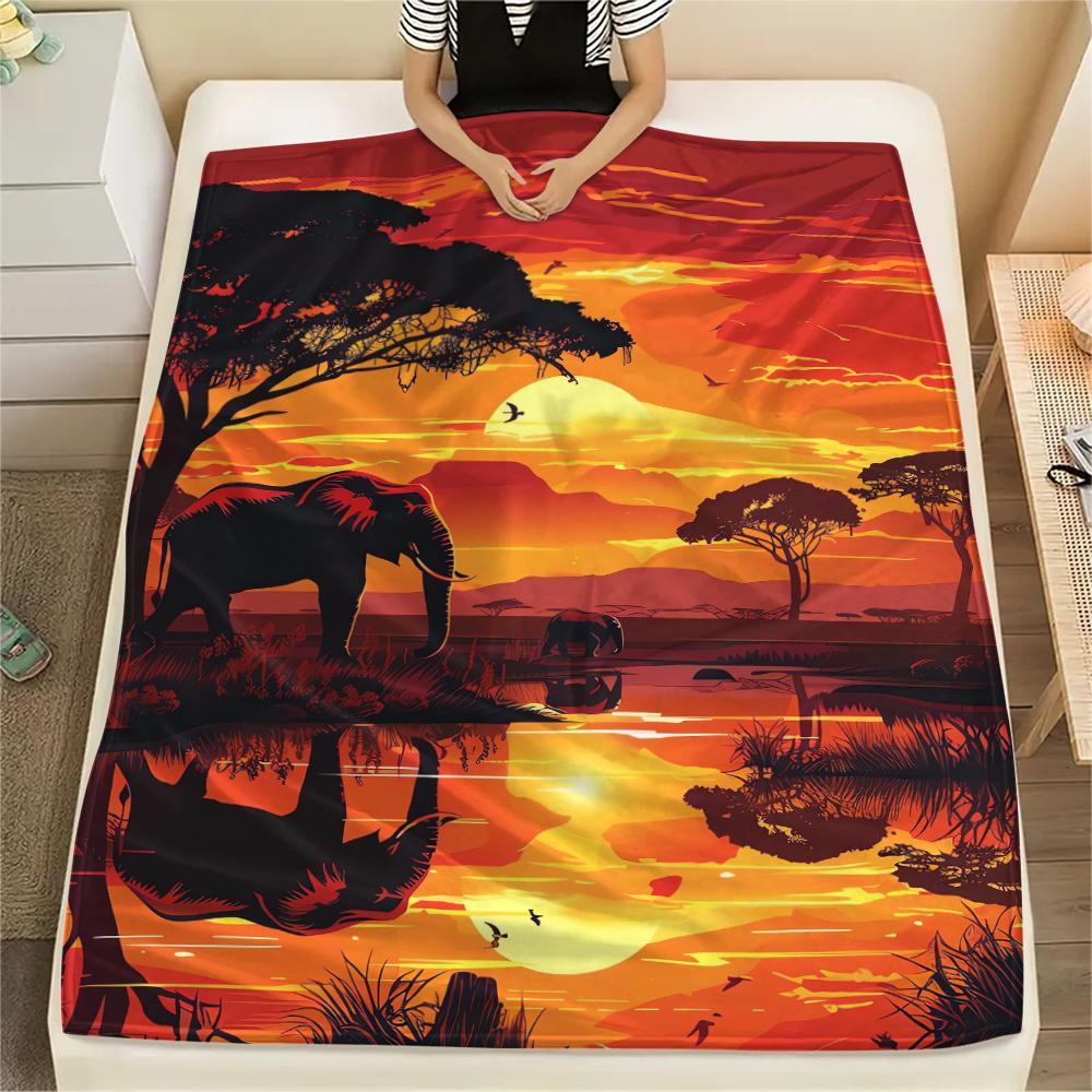 1Pc Africa Elephant Print Flannel Blanket, High Quality Comfortable for All Seasons, Home Decor, Warmth and Comfort, Perfect for Christmas Gifts