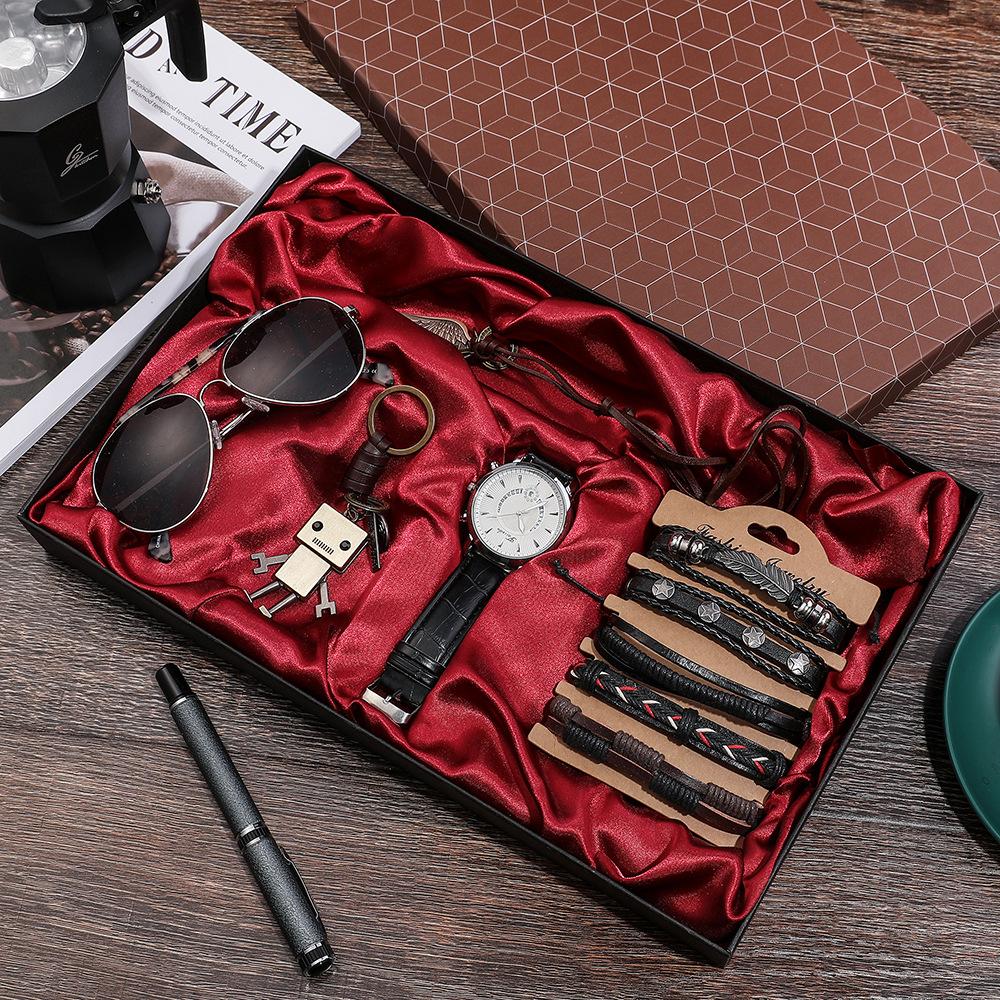 

Модные мужские часы + креативный новый набор из 5 предметов + кварцевые часы с календарем из искусственной кожи + подарочная коробка