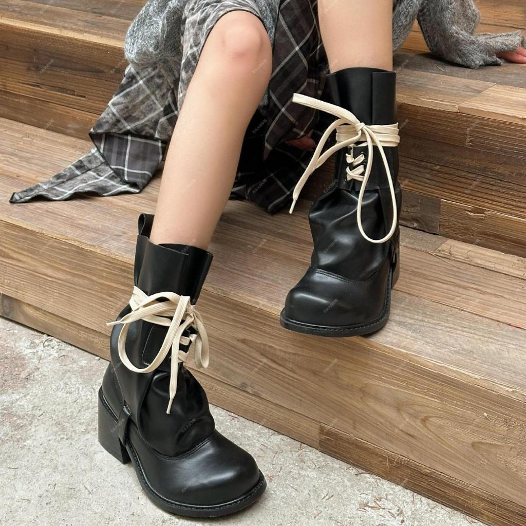 2025 spring new retro babes pile boots women's thick heel thin fashion boots round head height increase versatile Martin boots