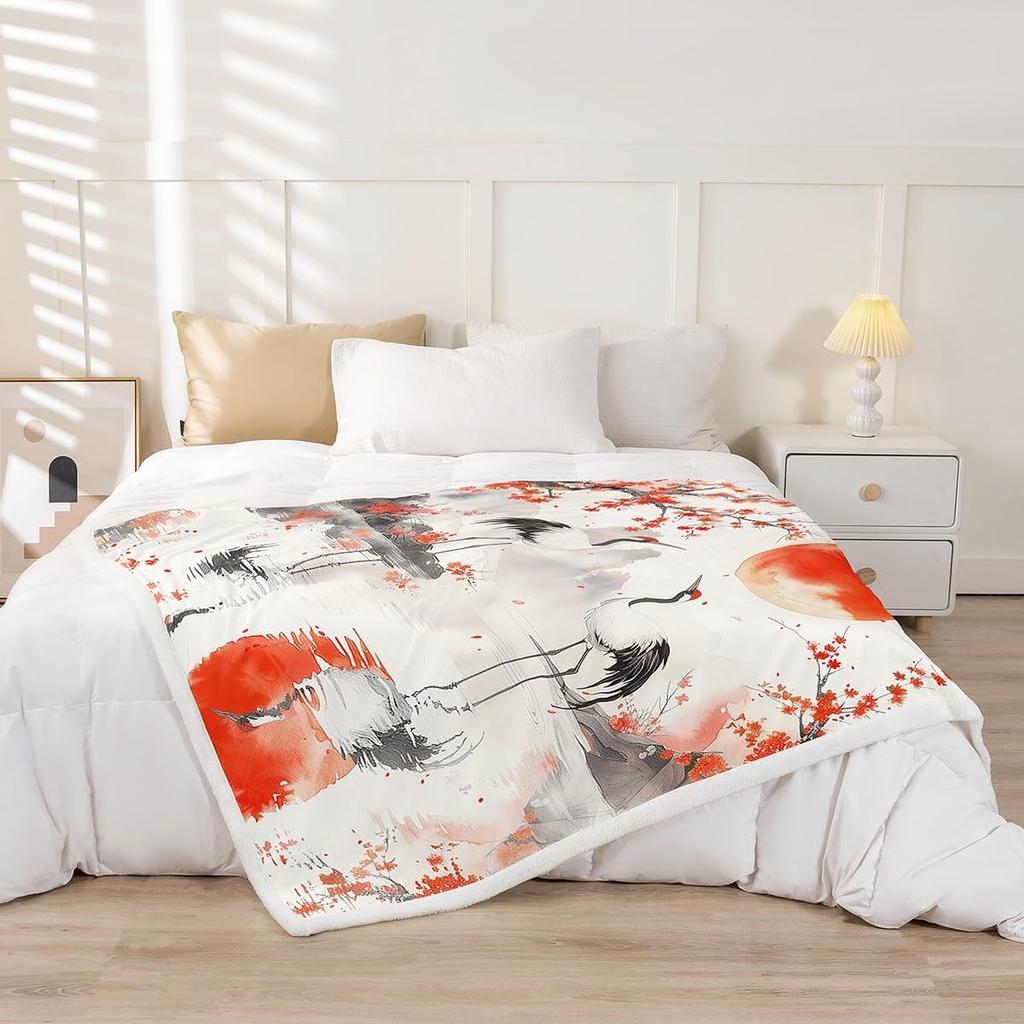 GUOYU Decke Japanische Stil Decken und Überwürfe Kran und Sonne Decke Überwurf für Kinder Erwachsene Kirschblüte Fleece-Decke Orientalische Malerei