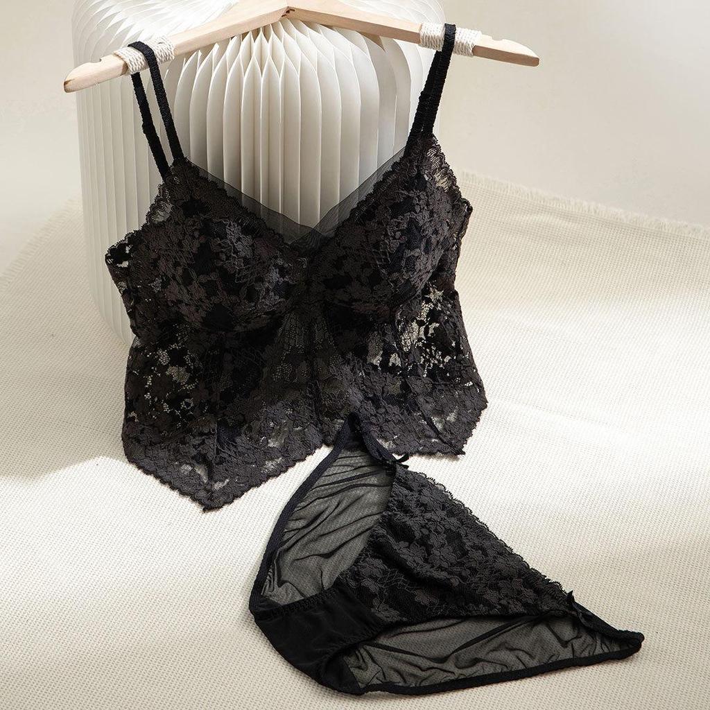 French Pure Desire Floral Lace Spaghetti Strap Triangle Cup Lingerie Set - Invisible Back Buckle Bra & Beautiful Back Design