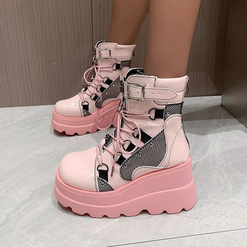 Cosplayer Gothic Motocyklowe Buty 2024 Nowa Platforma Gruby Wysoki Obcas Botki Damskie Fajne Koturny Punk Kobieta Czarne Buty Damskie