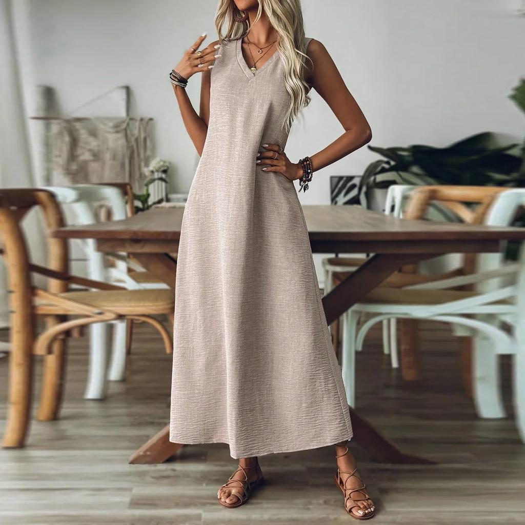 Summer Sleeveless Long V-Neck Elegant Dress Women's Fashion Ankle-Length Maxi Dress