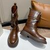 Fashion Retro Brown Autumn Ankle Boot Women Fashion Cross Tied Buckle Mid Calf Boots Comfort Round Toe Front Zip Brand Designer Boots
