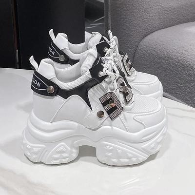 Fashion 10CM Women Platform Leather Sneakers Autumn Sports Dad Shoes High Top Chunky Casual Shoes Woman Thick Bottom Bling White Shoes