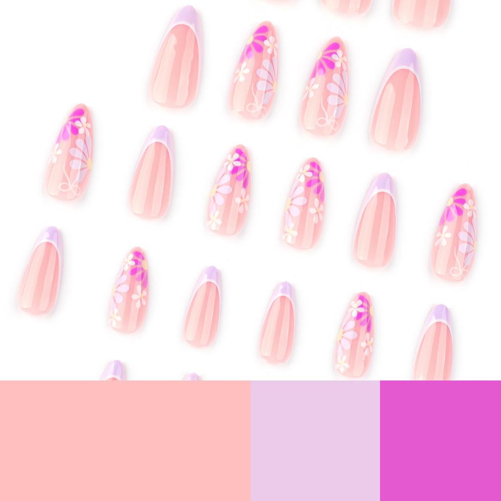 Summer Color Block Floral Nail Art - Wearable & Detachable French Nail Tips, European & American Style, Hot Selling.