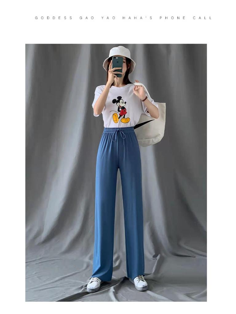 2025 Women's High Waist Wide Leg Ice Silk Pants - Spring/Summer Loose, Slimming, Floor-Length.