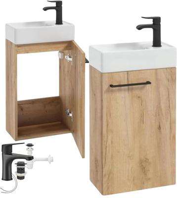 Wall-hung Bathroom Cabinet with a 60x40 Craft Oak Washbasin and a Black Small Tap