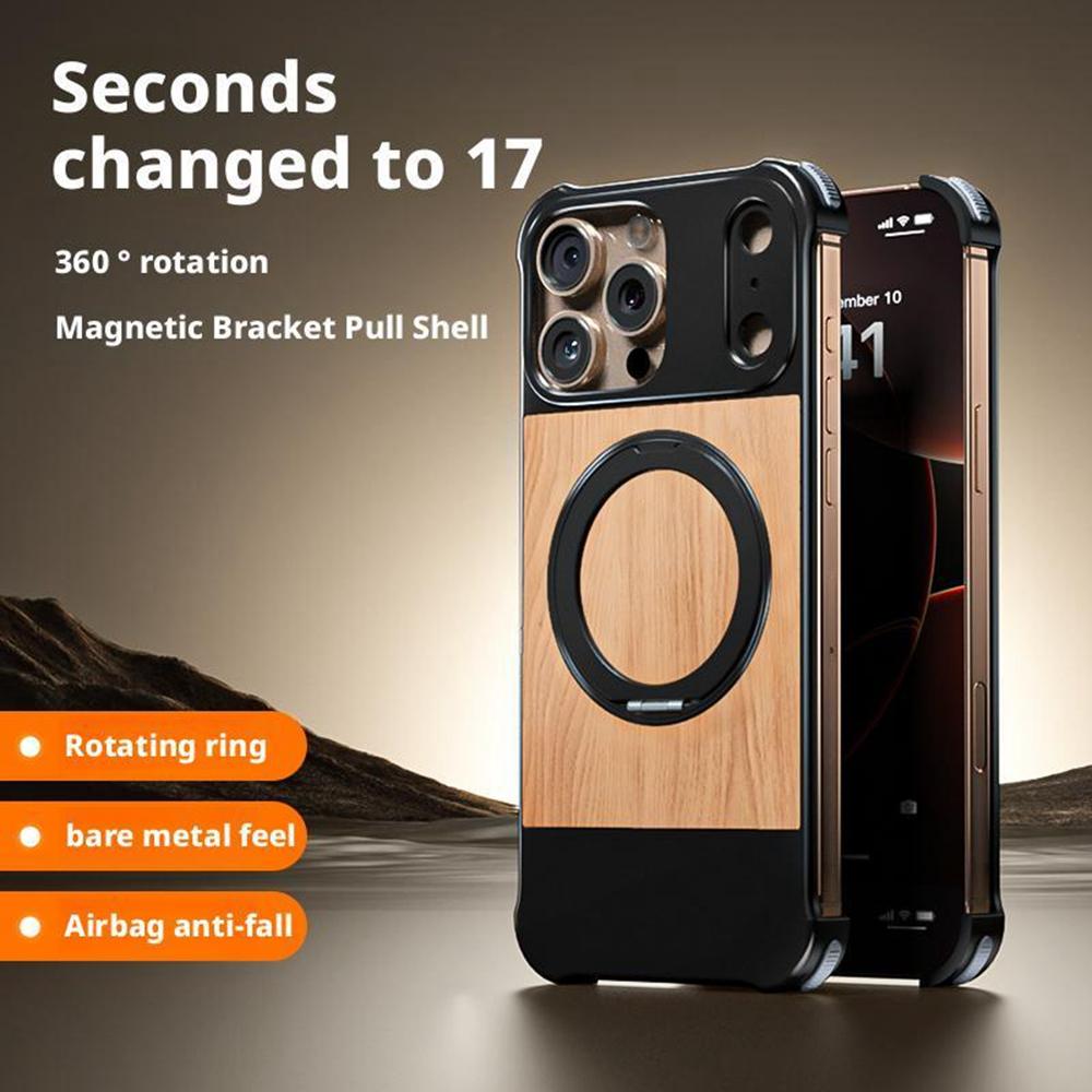 For iPhone 16 Pro Max Magnetic Case Borderless Walnut + Metal Kickstand Phone Cover