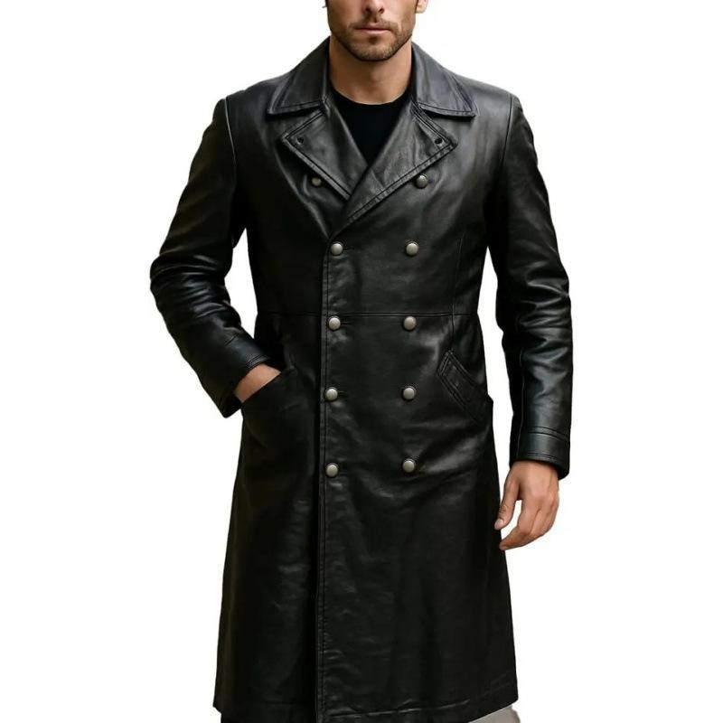 Popular German officer uniform WWII classic black long leather trench coat jacket for men
