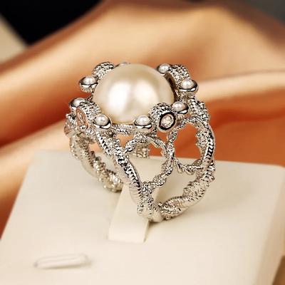 Fashion Vintage Inlaid White Pearl Open Ring for Ladies  Sterling Silver Ring  Wedding Engagement Hollowed Out Rings