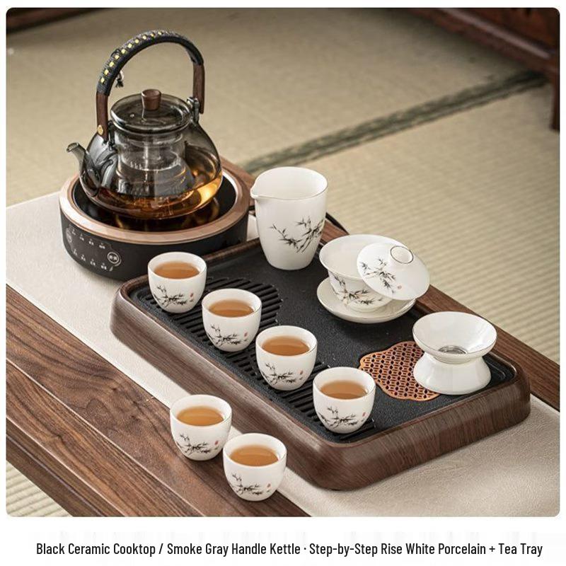 Elegant Black Ceramic Tea Set with Electric Stove
