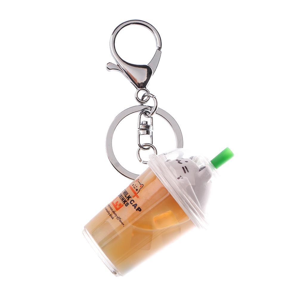 Women Liquid Fruit Cup Milk Tea Floating Cute Cat Key Chain Fashion Accessories Jewelry Key Ring