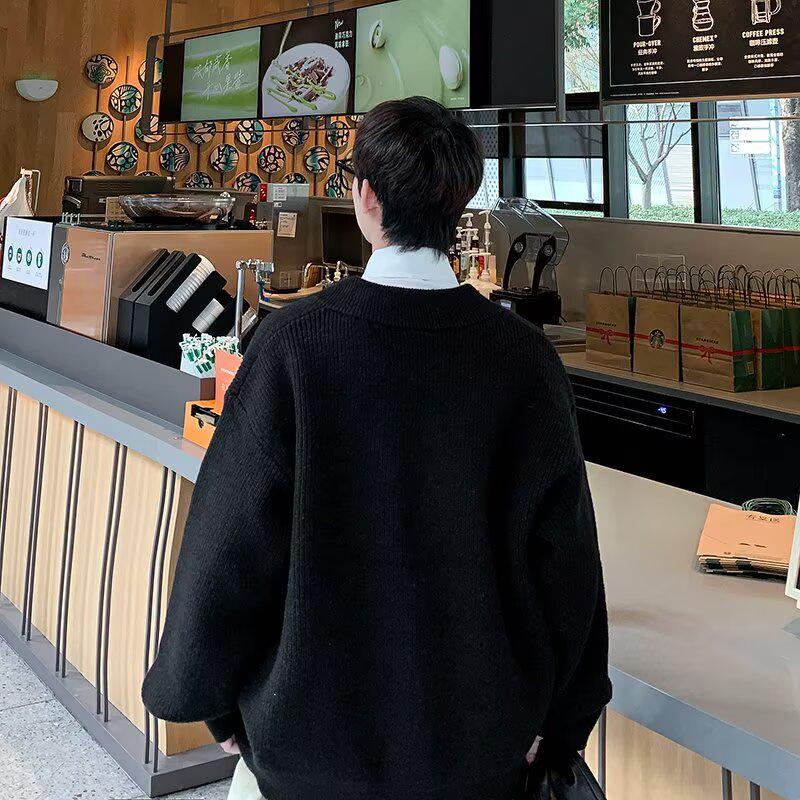 Autumn Winter 2025 Men's Casual Retro V-Neck Cardigan Sweater - Solid Color Knit Outerwear