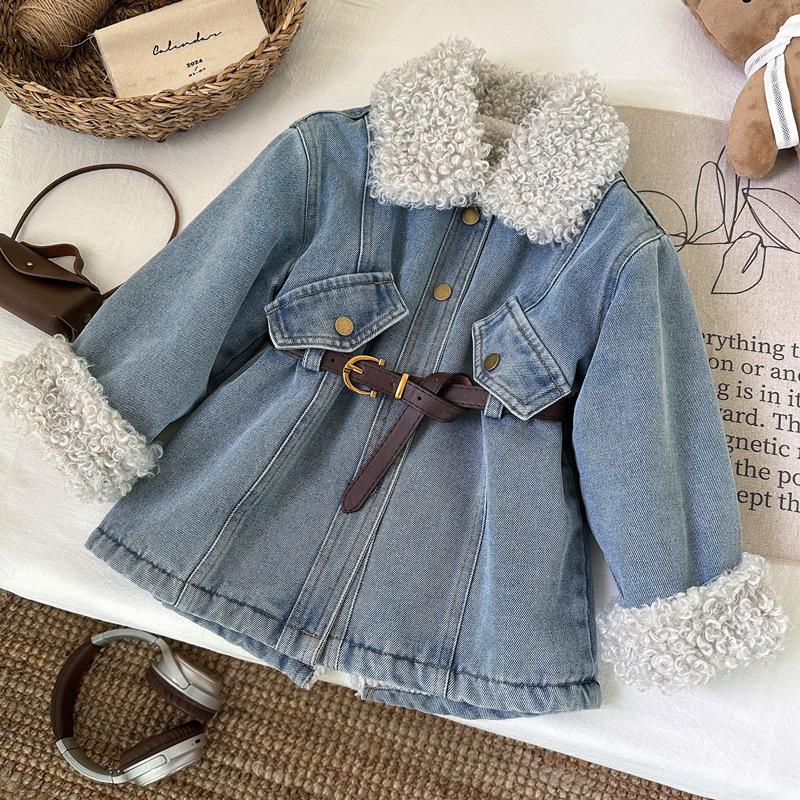 Girls Fleece Lined Denim Jacket Autumn Winter Thickened Mid Length Soft Jean Coat Warm Fashionable Outerwear Top 90cm