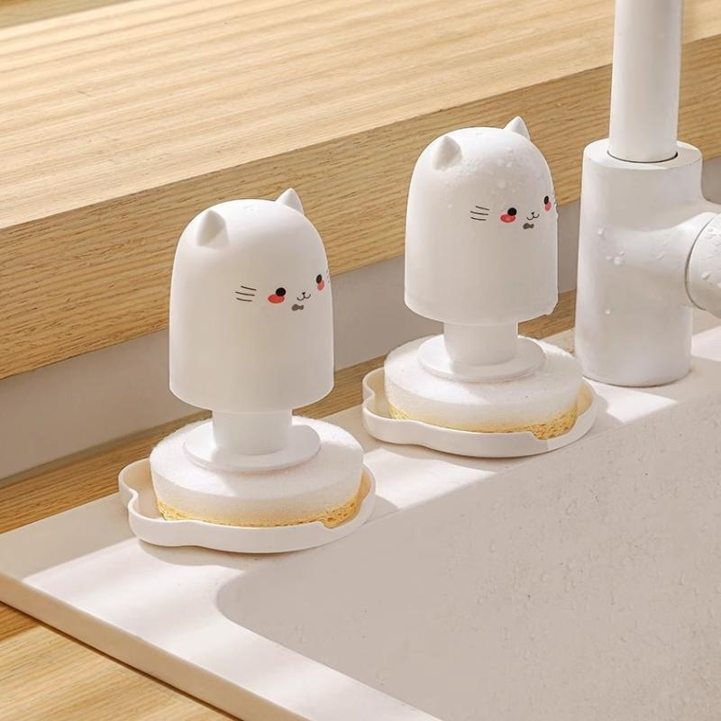Cute Cat Kitchen Bru Sponge Dishcloth Pot Brush Wood Pulp Cotton Magic Cleaner Brush Special Tool For Kitchen Burning