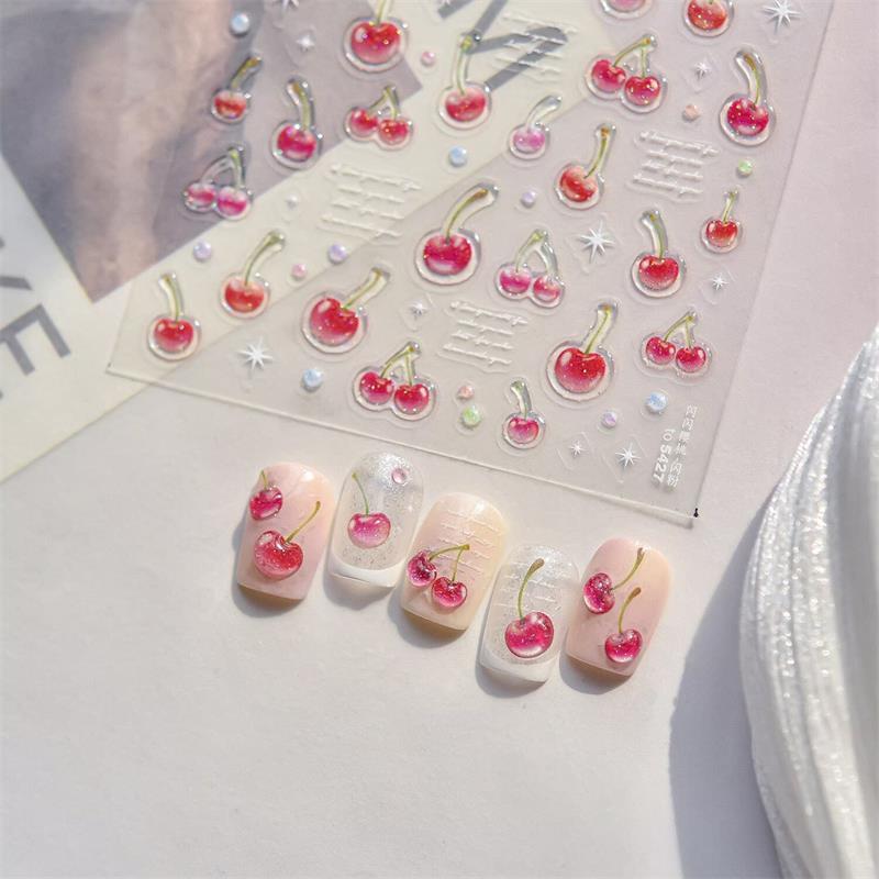 Süßer Gelee Rote Kirsche Nagelkunst Aufkleber Prägung Mädchen Frauen Selbstklebend Nagelaufkleber Neujahr Weihnachten Maniküre Abziehbilder Geschenk