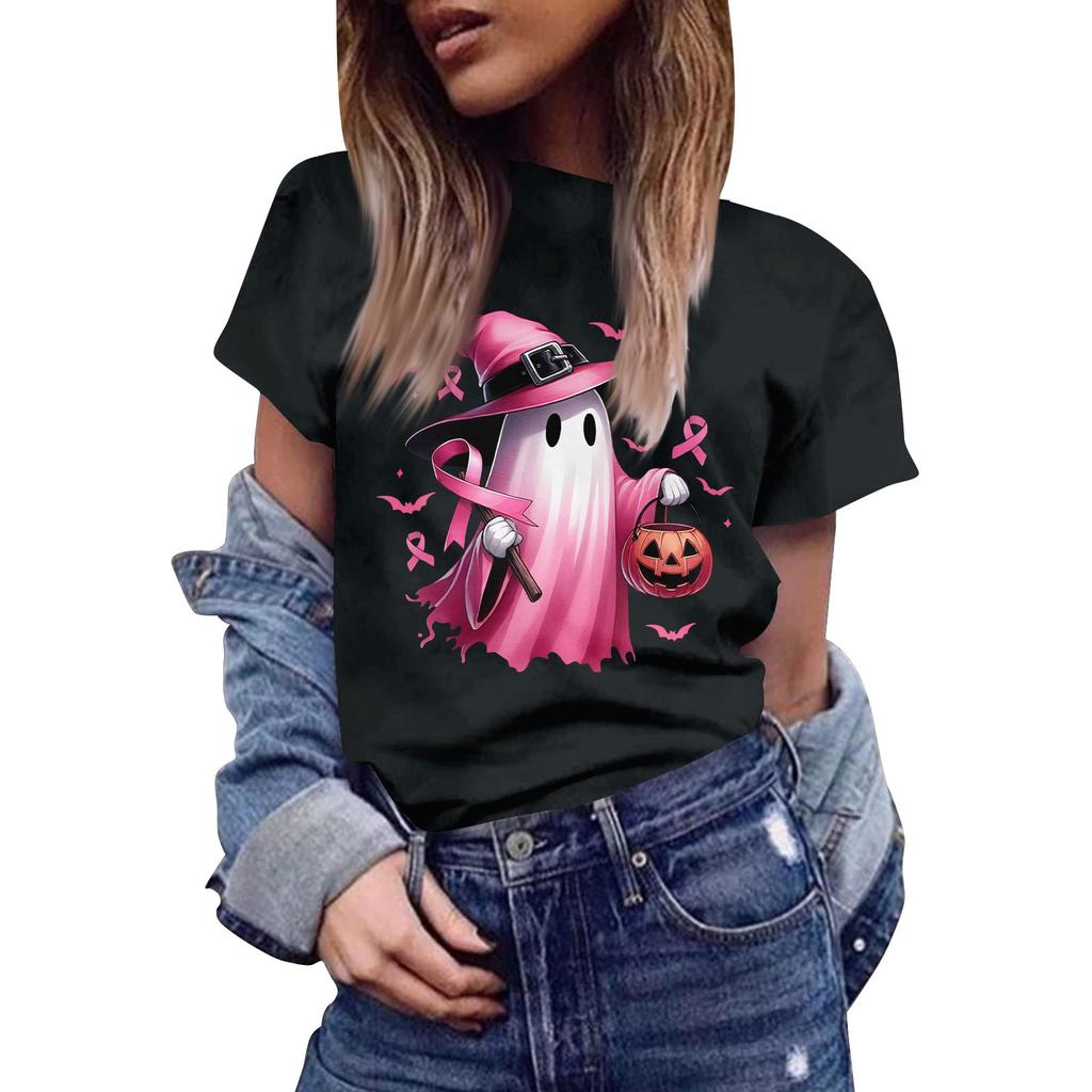 Women's Casual Halloween Breast Print T-Shirt Round Neck Pullover Short Sleeve Top