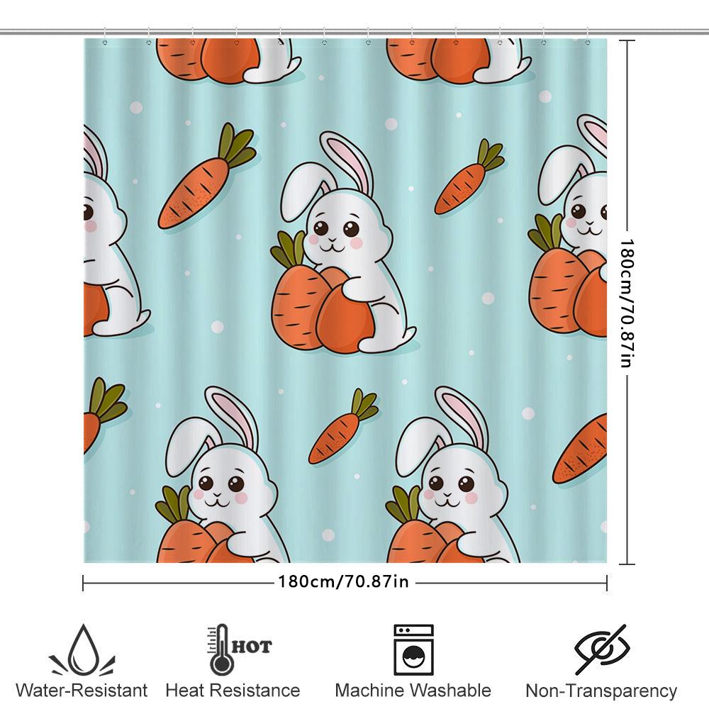 Cute Cartoon Bunny Carrot Print Shower Curtain Bathroom Decor Waterproof Fabric Home Decoration Blue Size: 180X240Cm White Siz