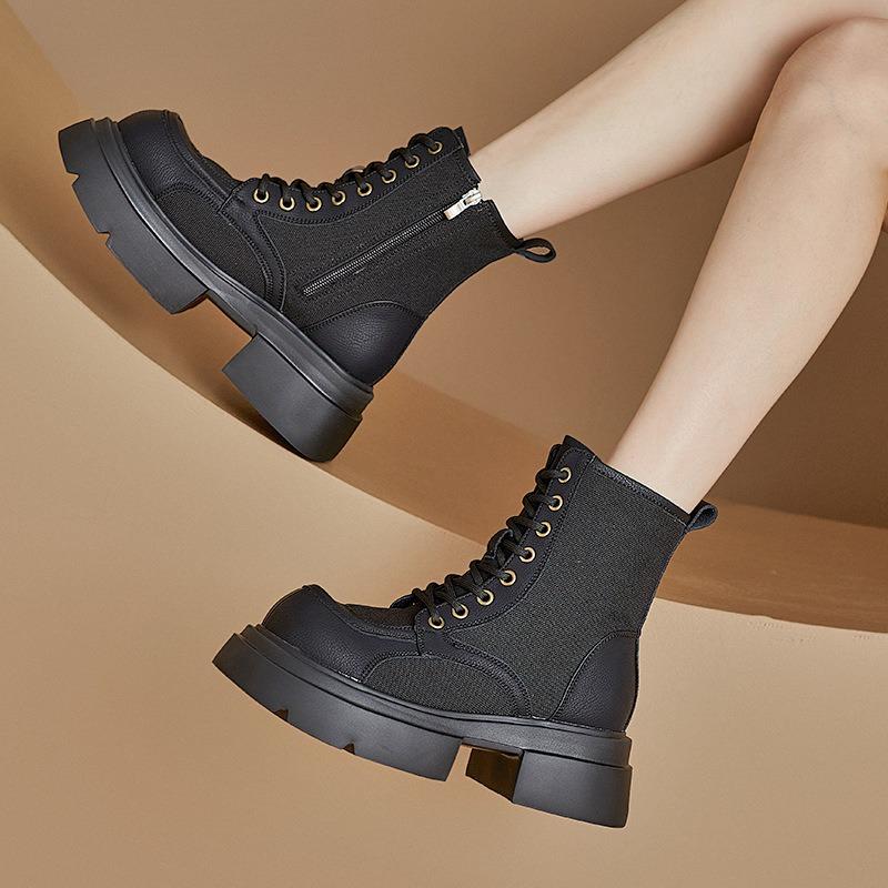 Leather Martin Boots Women's Autumn Thick-soled Canvas Locomotive Thin Rhubarb Boots Retro Casual Short Boots