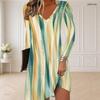 Women Plus Size V Neck Long Sleeve Blue Printed Curved Hem Dress