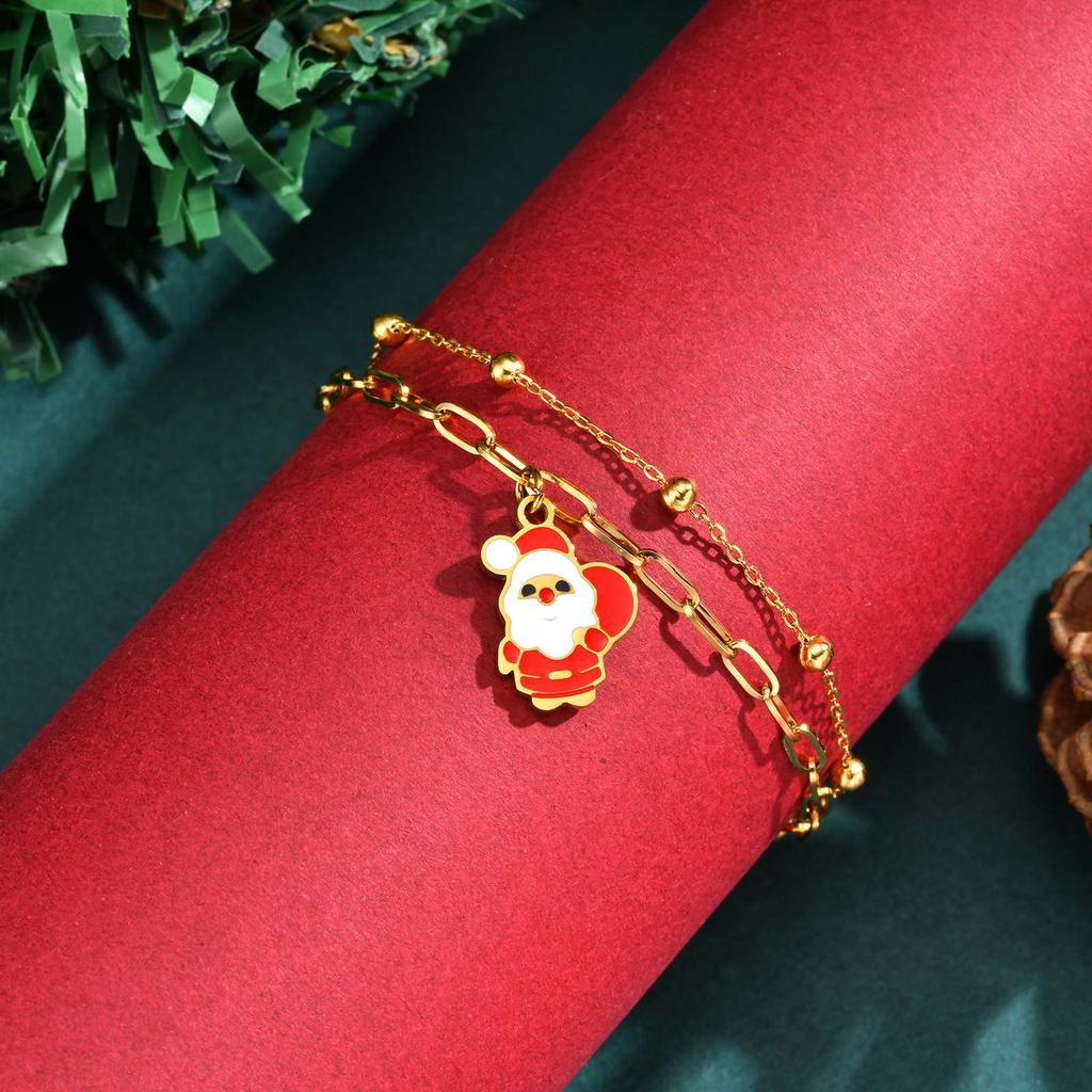 Cartoon Santa Claus Stainless Steel Double Layer Bracelet for Women, 18K Gold Plated Christmas Bracelet, Trendy Jewelry Gift
