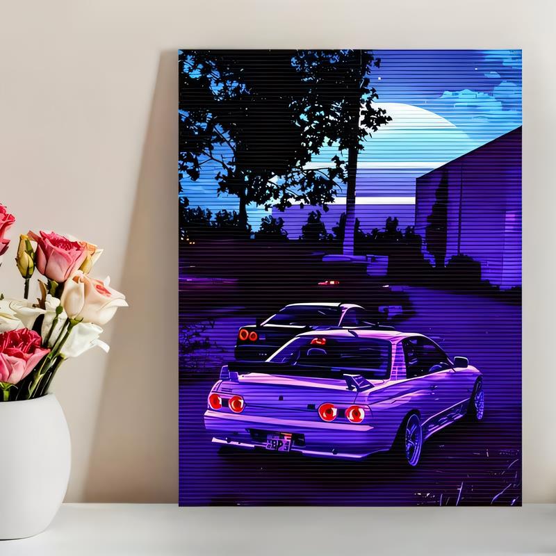 Tin Sign Neon Purple Retro Muscle Car Wall Plaque Vintage Automotive Garage Decor LED Night City Artwork Metal Sign for Man Ca